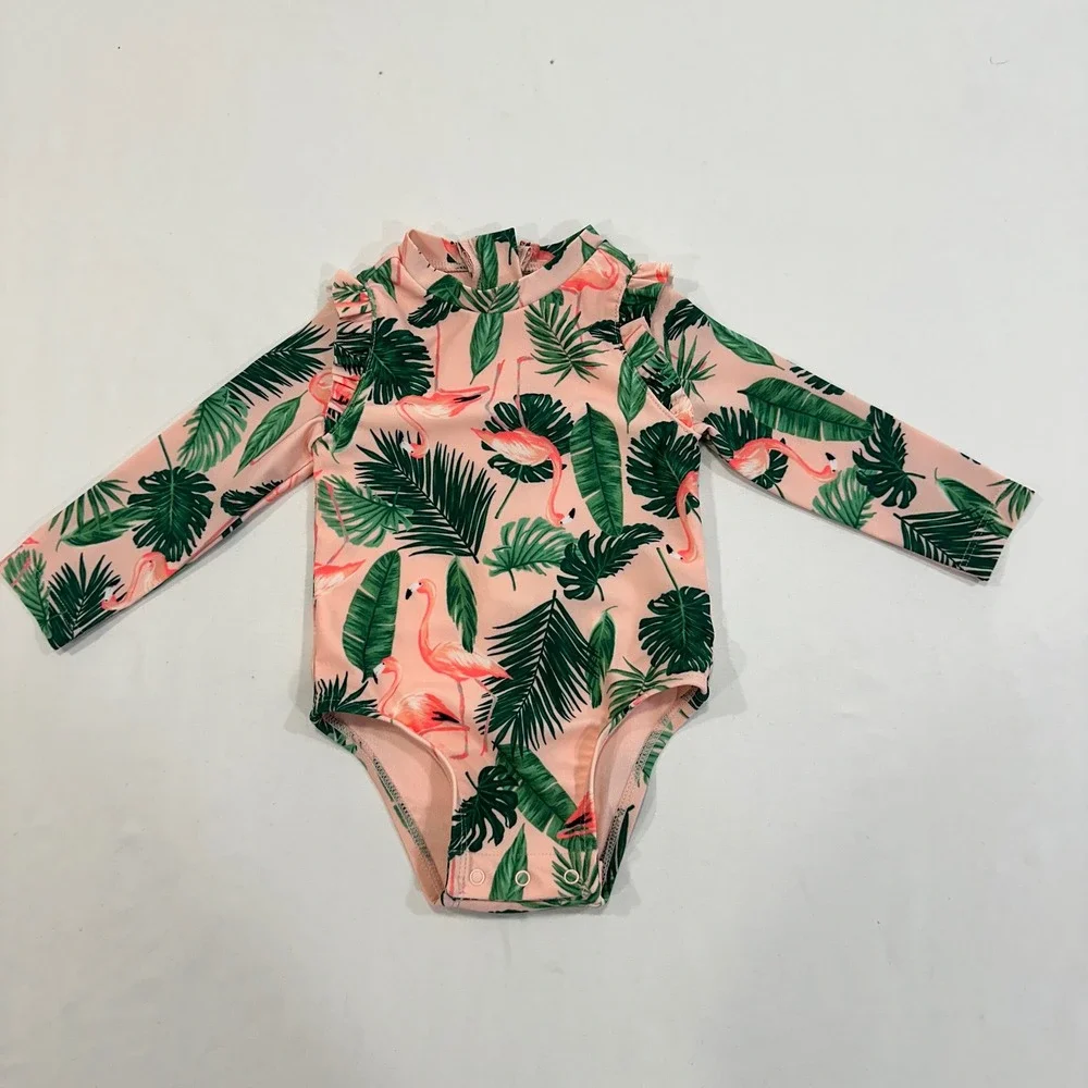 Old Navy Flamingo Rash Guard Swimsuit Baby Girl 6-12M Peach Ruffle | Tropical